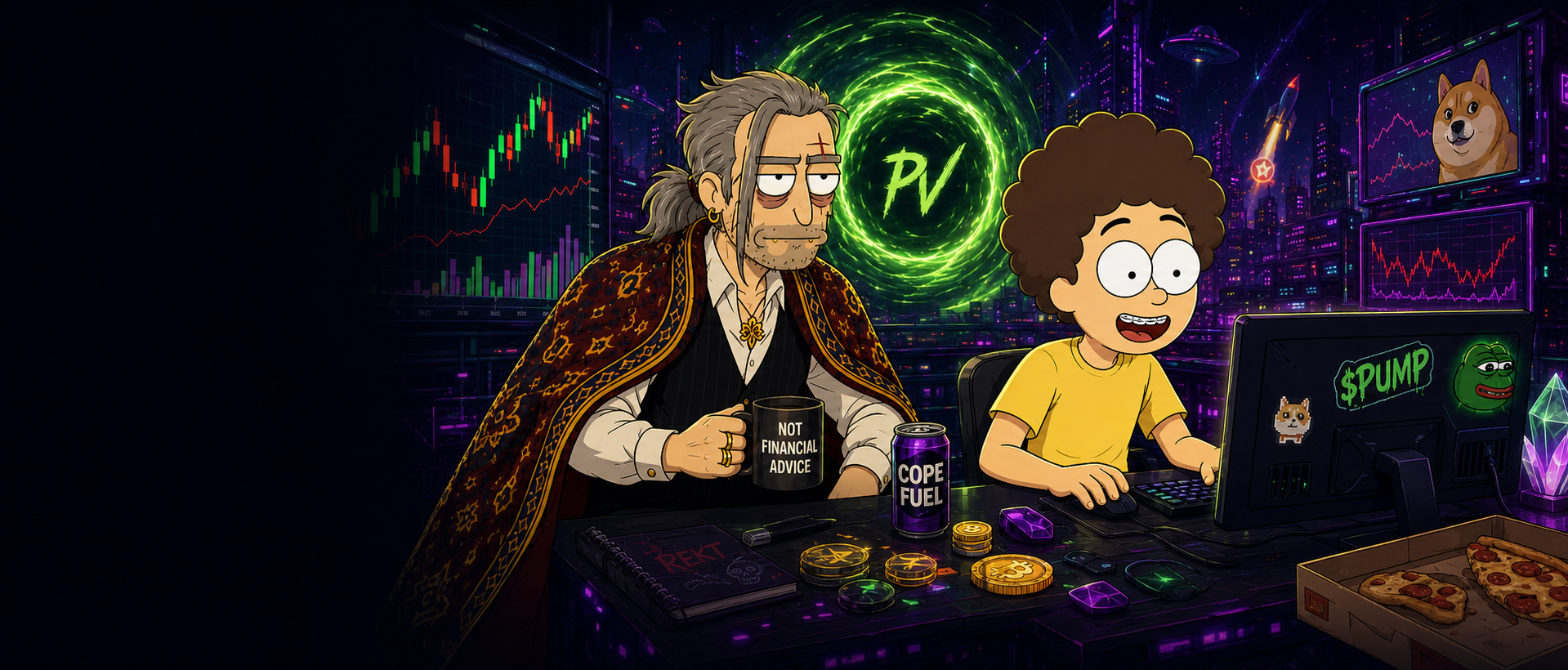 Rugz and Lucky in a neon crypto city